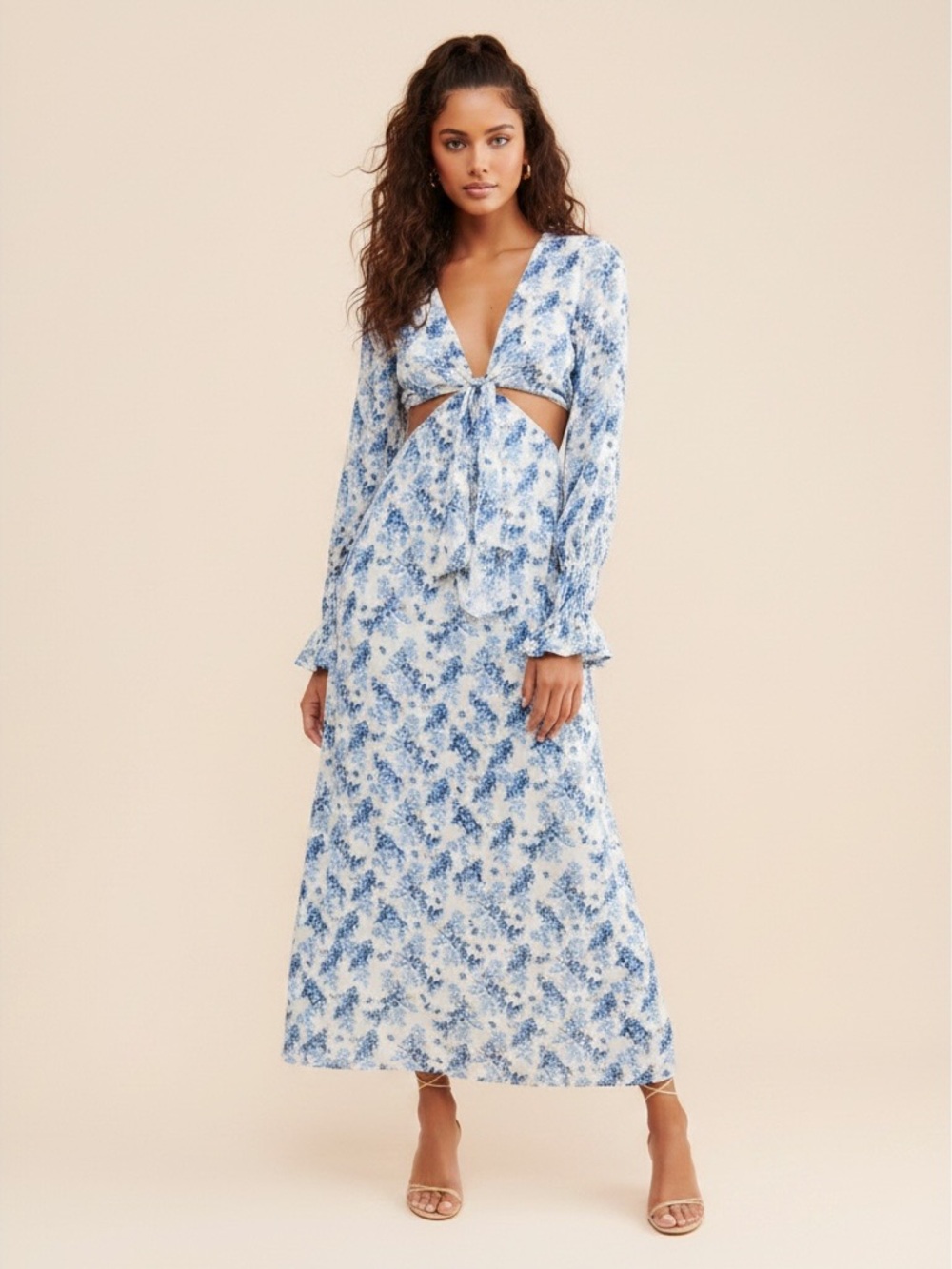Dee Elly floral maxi dress features waist cut-outs and a tie front